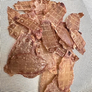 May include: A pile of light brown, translucent, dried fish skin treats. The treats are arranged in a random pattern on a white mesh surface.