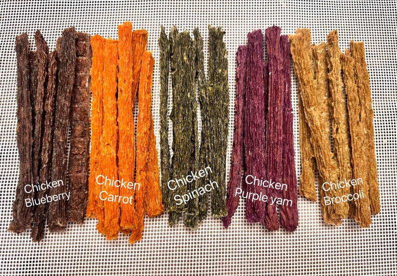 K&ouml;nnte beinhalten: F&uuml;nf verschiedene Arten von H&uuml;hner-Leckerlis f&uuml;r Hunde, jede mit einem anderen Geschmack: Blaubeere, Karotte, Spinat, lila S&uuml;&szlig;kartoffel und Brokkoli.