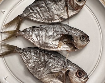 May include: Three dried fish arranged on a white ceramic plate. The fish have a silvery-gray color with visible scales and fins. The plate has a slightly raised rim and a simple, elegant design. The fish are the main focus of the image.