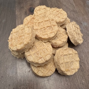 Crunchy Chicken, Goat Cheese, Egg Yolk Waffles - healthy treats, all natural pure ingredients homemade dehydrated dog treats fresh air dried
