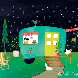 Caravana e galinhas CARTÃO POSTAL Casa pequena Nova casa Correio tradicional Lar doce lar Casa fofa Micro Living Post