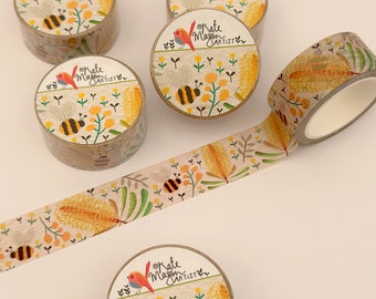 Floral Silver Banksia Yellow WASHI TAPE 20mm x 10m Craft Tape Washi Scrapbooking Washi Decorative Tape Planner Planning Journaling Gift