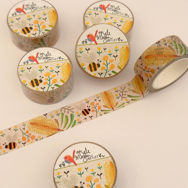 Floral Silver Banksia Yellow WASHI TAPE 20mm x 10m Craft Tape Washi Scrapbooking Washi Decorative Tape Planner Planning Journaling Gift