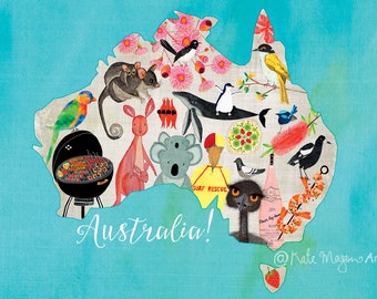 Australian POSTCARD Australian Icons Aussie Map POSTCARD Australia Travel Australia Fauna Australia Floral