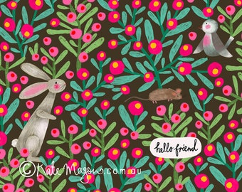 Rabbit Friends Floral POSTCARD Snail Mail Animal Gift Pattern Birdy Mouse Flowers Post Hello Friend