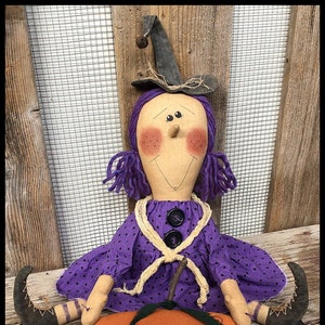 Witch Violet EPATTERN - primitive country halloween cloth doll with pumpkin...craft digital download sewing pattern - PDF - 1.99