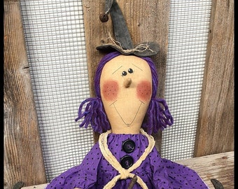 Witch Violet EPATTERN - primitive country halloween cloth doll with pumpkin...craft digital download sewing pattern - PDF - 1.99