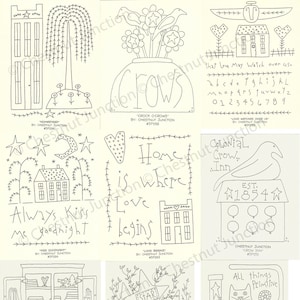 PRIMITIVE #6 Embroidery Bundle...9 primitive stitchery epattern designs...PDF format...rug hooking, needle punch, machine embroidery, SVG