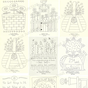 Peut inclure: Une collection de motifs de broderie en noir et blanc représentant des tournesols, des paniers et des scènes de jardin. Les motifs sont intitulés "Flower Basket", "Garden Gate", "Basket O'Teney", "Prim Acre Farms", "Sunflowers & Sale", "Best Things", "Sunflower Seeds", et "Potting Bench".
