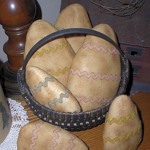 May include: A rustic basket filled with six large, tan-colored fabric eggs, each adorned with a zig-zag pattern in pastel colors. The basket is dark brown and sits on a wooden surface. The text "Chestnut Junction" is visible at the bottom.