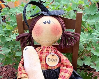 Wendy Witch EPATTERN - primitive country halloween fall cloth doll ghost craft digital download sewing pattern - PDF - 1.99