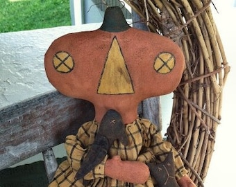 Prue Pumpkin EPATTERN - primitive country halloween cloth doll craft digital download sewing pattern - PDF - 1.99