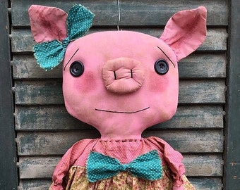 Piggy Sue EPATTERN -primitive country shabby farmhouse pig cloth doll craft digital download sewing pattern - 1.99 - PDF