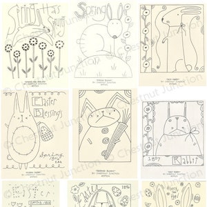 Puede incluir: Un conjunto de nueve dibujos en blanco y negro de conejos con temas de primavera y Pascua. Los dibujos incluyen conejos que sostienen zanahorias, cestas y flores. El texto en los dibujos incluye "Spring Has Sprung", "Easter Blessings", "Spring 1816", "Borne Bunny", "Jack Rabbit", "1807 Rabbit", "Olde Easter", "Basket Rabbit" y "Hippity Hop! Easter Bunny".