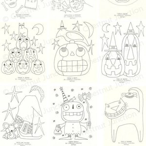 Op de afbeelding: Een set van tien zwart-witte printbare Halloween kleurplaten met verschillende griezelige karakters en objecten, waaronder pompoenen, heksen, katten en schedels. De pagina's zijn betiteld met de namen van de karakters en objecten, zoals "Witchpod & Friends" en "Happy & Spooky".