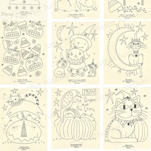 Op de afbeelding: Een set van tien zwart-witte, printbare kleurplaten met Halloween-thema met katten, pompoenen, kraaien en andere griezelige figuren. De pagina's zijn perfect voor kinderen en volwassenen om in te kleuren en te versieren voor de feestdagen.