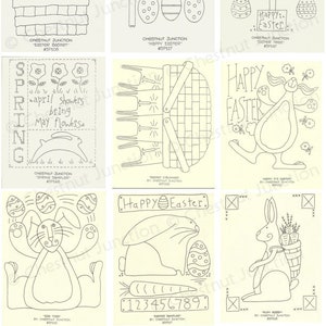 Op de afbeelding: Een set van negen zwart-witte lijntekeningen voor borduren of kruissteek. De ontwerpen zijn geïnspireerd op Pasen, waaronder manden, eieren, konijnen en de tekst "Gelukkig Pasen".