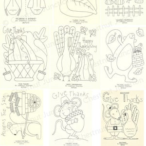 Op de afbeelding: Een set van negen zwart-witte, printbare borduurpatronen met een Thanksgiving-thema. De patronen bevatten kalkoenen, pelgrims, indianen, muizen, eikels, pompoenen en de woorden "Give Thanks" en "Happy Thanksgiving".