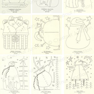 May include: Nine black and white line drawings of snowmen with various poses and accessories. The drawings are titled "Snow Happy", "Let It Snow", "The Snowing", "Basket of Snowmen", "Tot Snowman", "Single Snowman", "The Winter Man", "Happy Snow Dancer", and "Snow Angel".