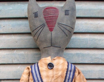 Cat Fishing EPATTERN -primitive country black cat cloth doll craft digital download sewing pattern - 1.99 - PDF