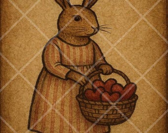 PRINTABLE - "Girl Rabbit Hearts" - Download JPG FILE - primitive Valentine Print - Crafts, Scrapbook, Journal, Decoupage - Sublimation