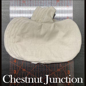May include: A beige fabric pumpkin with a stem, resting on a ruler. The pumpkin is made of sections of fabric sewn together. The text "Chestnut Junction" is at the bottom of the image.