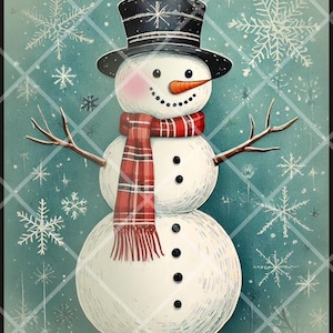 PRINTABLE - &quot;Top Hat Snowman&quot; - Download JPG FILE - primitive Winter Print - Crafts, Scrapbook, Journal, Decoupage - Sublimation