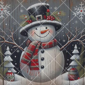 PRINTABLE - &quot;Christmas Snowman&quot; - Download JPG FILE - primitive Winter Print - Crafts, Scrapbook, Journal, Decoupage - Sublimation