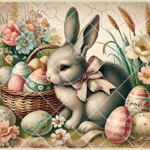 DO DRUKU - "Vintage Rabbit Basket" - Pobierz plik JPG - prymitywny wydruk wielkanocny - Rękodzieło, album, dziennik, decoupage - Sublimacja
