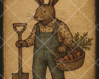 PRINTABLE - "Folkart Carrot Rabbit" - Download JPG FILE - primitive Bunny Easter Print - Crafts, Scrapbook, Journal, Decoupage - Sublimation