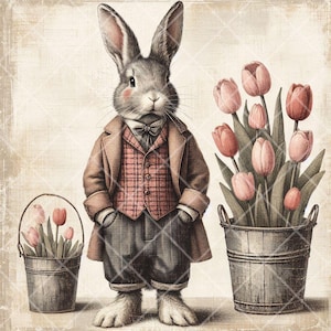 May include: A gray rabbit wearing a brown jacket and a red and black plaid vest, holding a bouquet of pink tulips in a gray metal bucket.