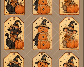 Pumpkin, Witch & Mouse PRINTABLE...Instant Download primitive Halloween Hang Tag...Crafts, Scrapbook, Journal...JPG File...Chestnut Junction