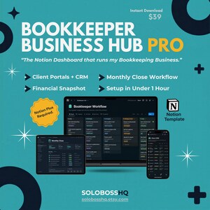 Może przedstawiać: Turkusowa grafika promująca Bookkeeper Business Hub Pro. Tekst zawiera "Client Portals + CRM", "Monthly Close Workflow" i "Setup in Under 1 Hour". Obraz przedstawia laptopa, tablet i telefon wyświetlające szablon Notion.