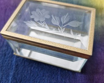 Vintage Bevelled Glass Trinket Box with Mirror and Etched Floral Decor