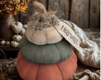 Stack of 3 primitive orange, green & white pumpkins w/ Harvest Tag