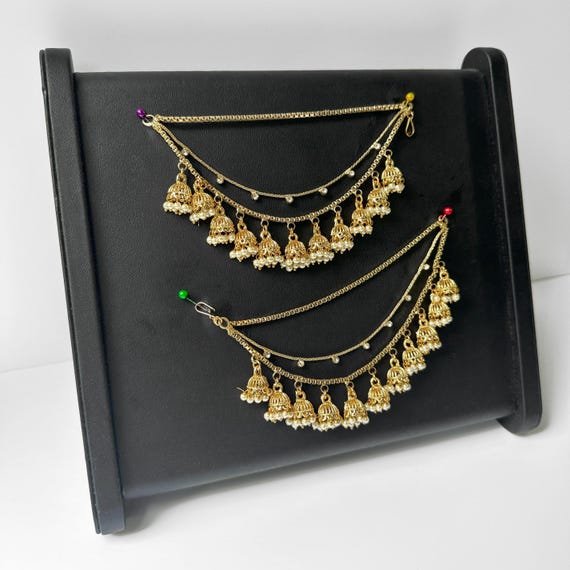 Golden Jhumki Saharay Earrings Chain - Indian Pakistani Jewelry