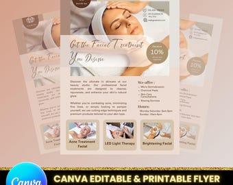 Plantilla de folleto para tratamientos faciales, marketing para salones de belleza y spas (editable en Canvas, descarga digital)