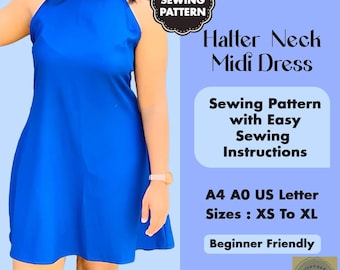 Halter Neck Midi Dress PDF Sewing Pattern |  Summer Dress Patterns | Projector Friendly | Instant Downloadable