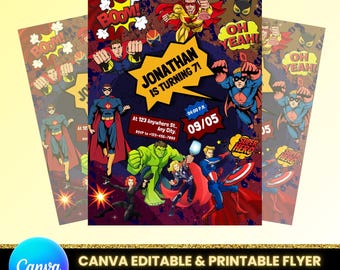 Invitación personalizada de cumpleaños de superhéroes para niños / Folleto imprimible para el séptimo cumpleaños / Descarga digital editable