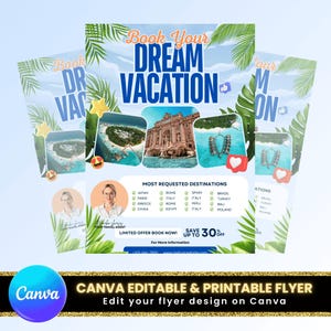 Dream Vacation Booking Flyer | Custom Travel Agent Promo Design | Most Popular Destinations | Digital Download Canva Flyer Template
