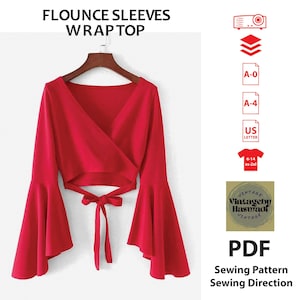 Patron de couture PDF Haut cache-cœur à manches volantées et manches amples Patrons pour femme DIY pour l&#39;été Tutoriels de patrons de robe d&#39;été à télécharger