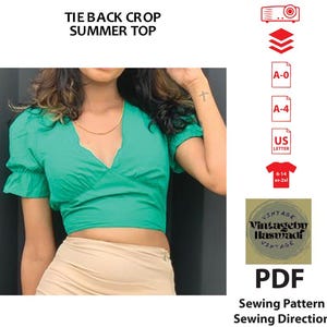 Patrón de costura en PDF para top corto de verano con lazo en la espalda, vestido de verano en PDF, apto para principiantes, impresión con proyector, tamaño A4, A0, carta de EE. UU., imprimible.