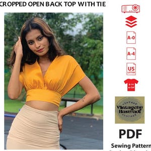 May include: A cropped open-back top with a tie, in a vibrant yellow color. The top features a V-neck design and short sleeves. The image also includes a beige skirt and text that reads "CROPPED OPEN BACK TOP WITH TIE" and "PDF Sewing Pattern".