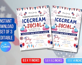Ice Cream Social Flyer: 4th of July, Memorial Day Invite (CANVA Edit, Digital Download)
