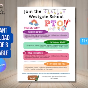 Download and Edit Why Join the PTA or PTO Flyer Template, School Volunteer Recruitment, School Newsletter Custom Digital Invite via CANVA