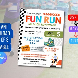 DOWNLOAD and EDIT Fun Run Flyer, Fundraiser Invitation Outdoor 5k 10k Run & Walk Race Invite School Marathon Custom Digital Invite via CANVA