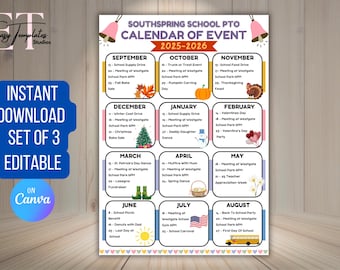 May include: A printable calendar of events for Southspring School PTO for the 2025-2026 school year. Each month is represented by a colorful box with a relevant icon and a list of events.
