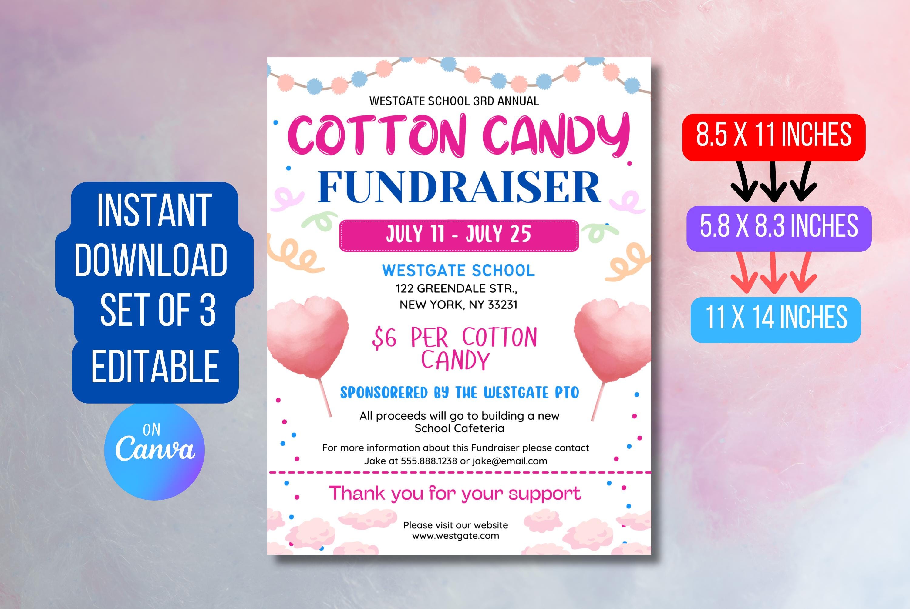 DOWNLOAD and EDIT Cotton Candy Fundraiser Flyer Template, School Cotton Candy Sale Fundraiser Event Invite Custom Digital Invite via CANVA