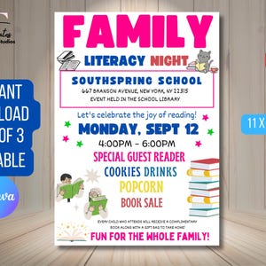 DOWNLOAD and EDIT Family Literacy Night Flyer, School Church Fundraiser, Children's Reading Book Sale Poster Custom Digital Invite via CANVA