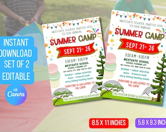 Plantilla de invitación a campamento de verano: folleto imprimible y editable en Canva (descarga digital)